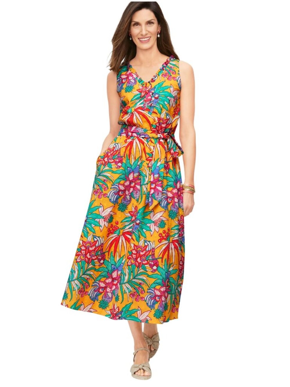 Talbots Fit & Flare Dress Size 4 Floral Ruffle V-Neck Elastic Waist Yellow Boho